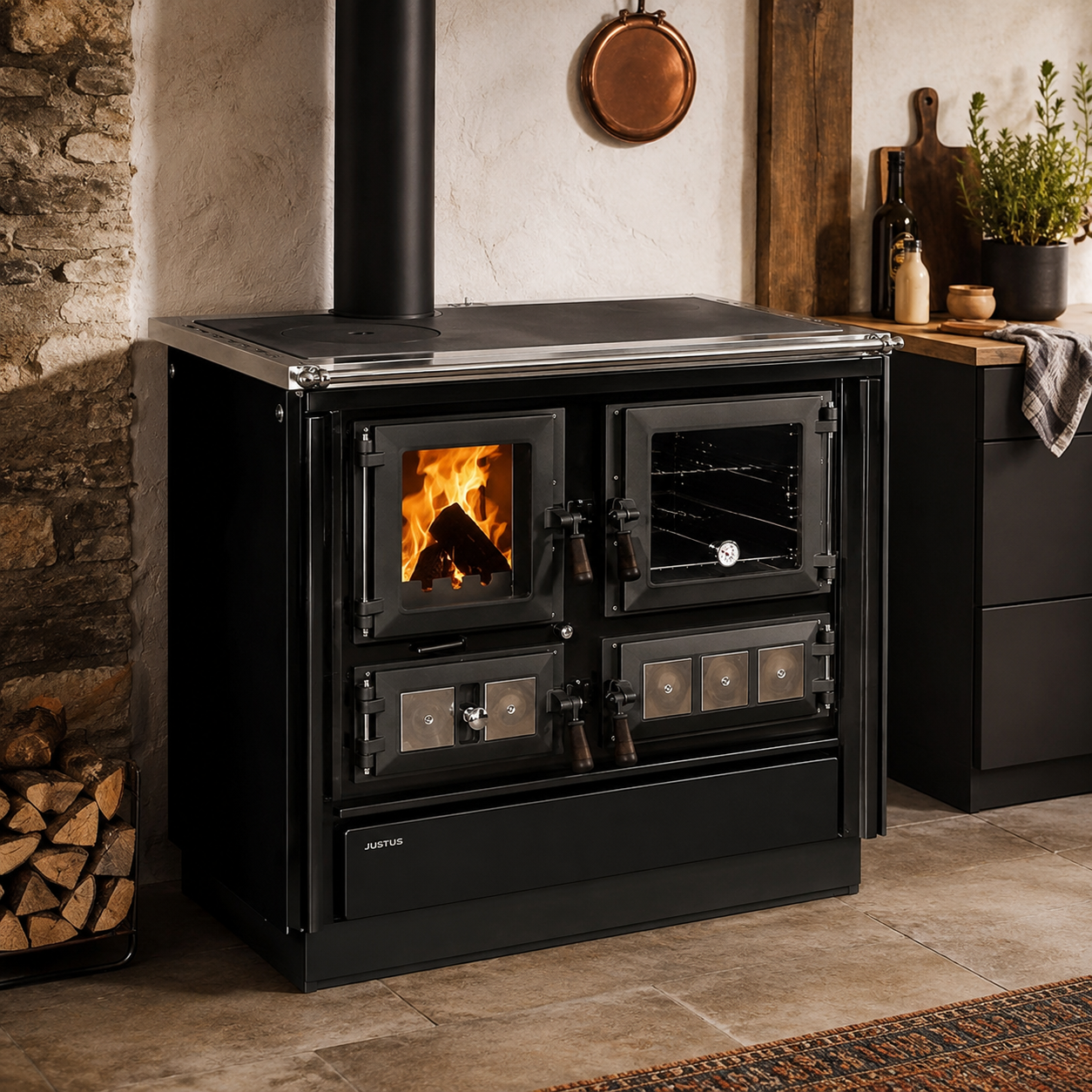 Klassischer Premium-Holzherd in heller Landhausküche